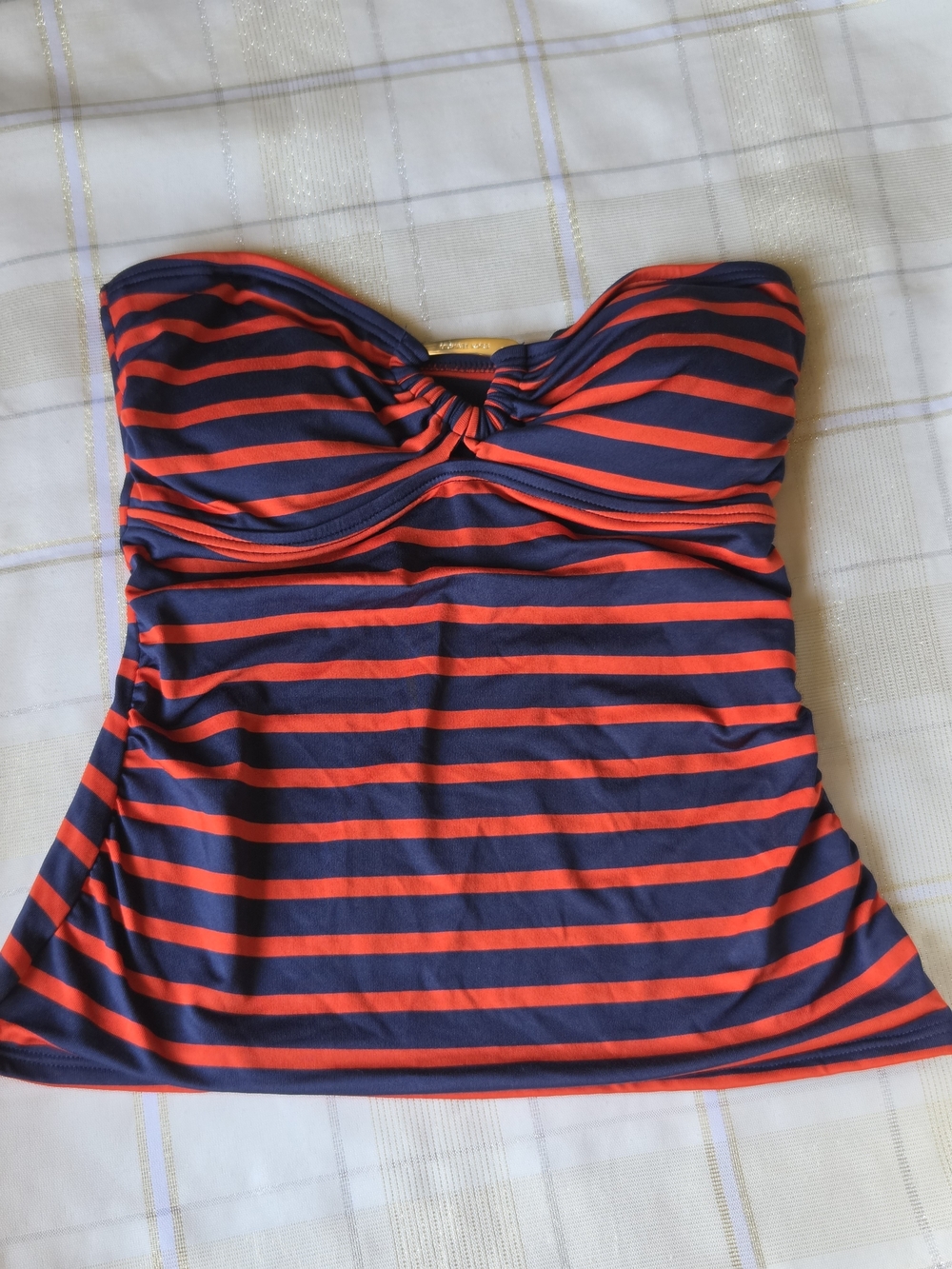 Michael Kors Navy and Red Striped Strapless Tankini Top
